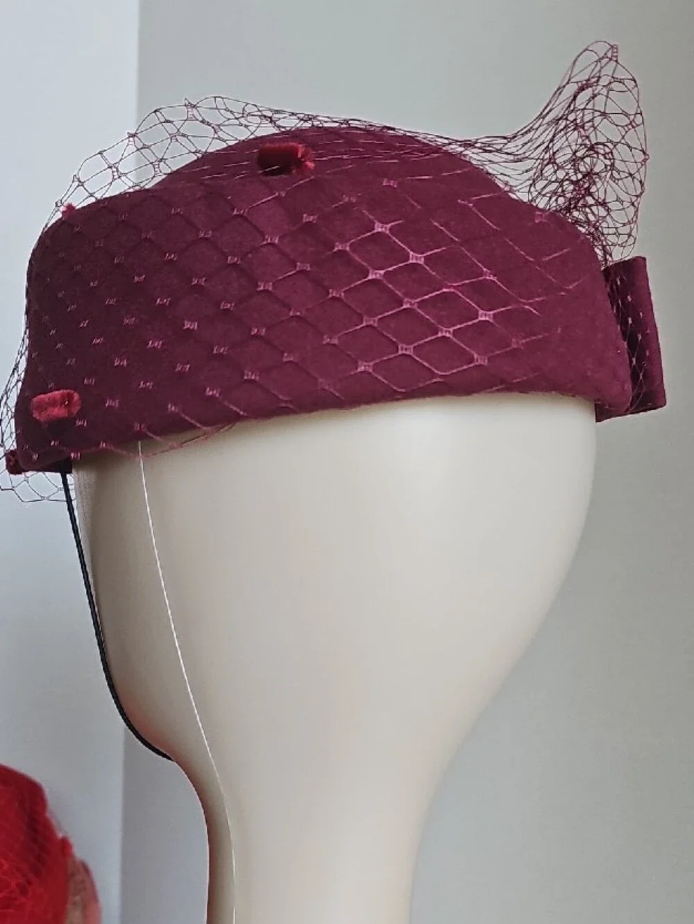 Beloved Millinery Beautiful Burgundy Dotted Veil British Style Pillbox Hat w/Bow